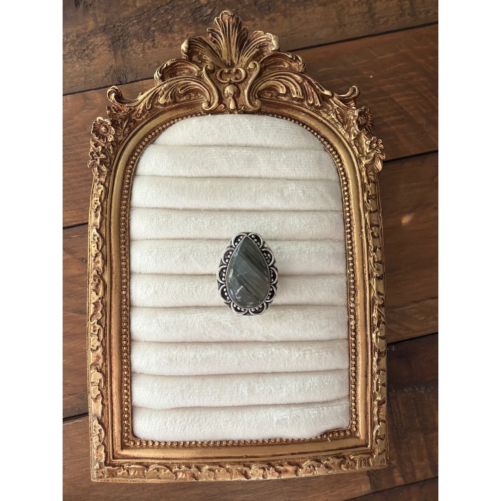 Sterling Silver 925 Labradorite Teardrop Statement Ring Boho Scalloped Size 7